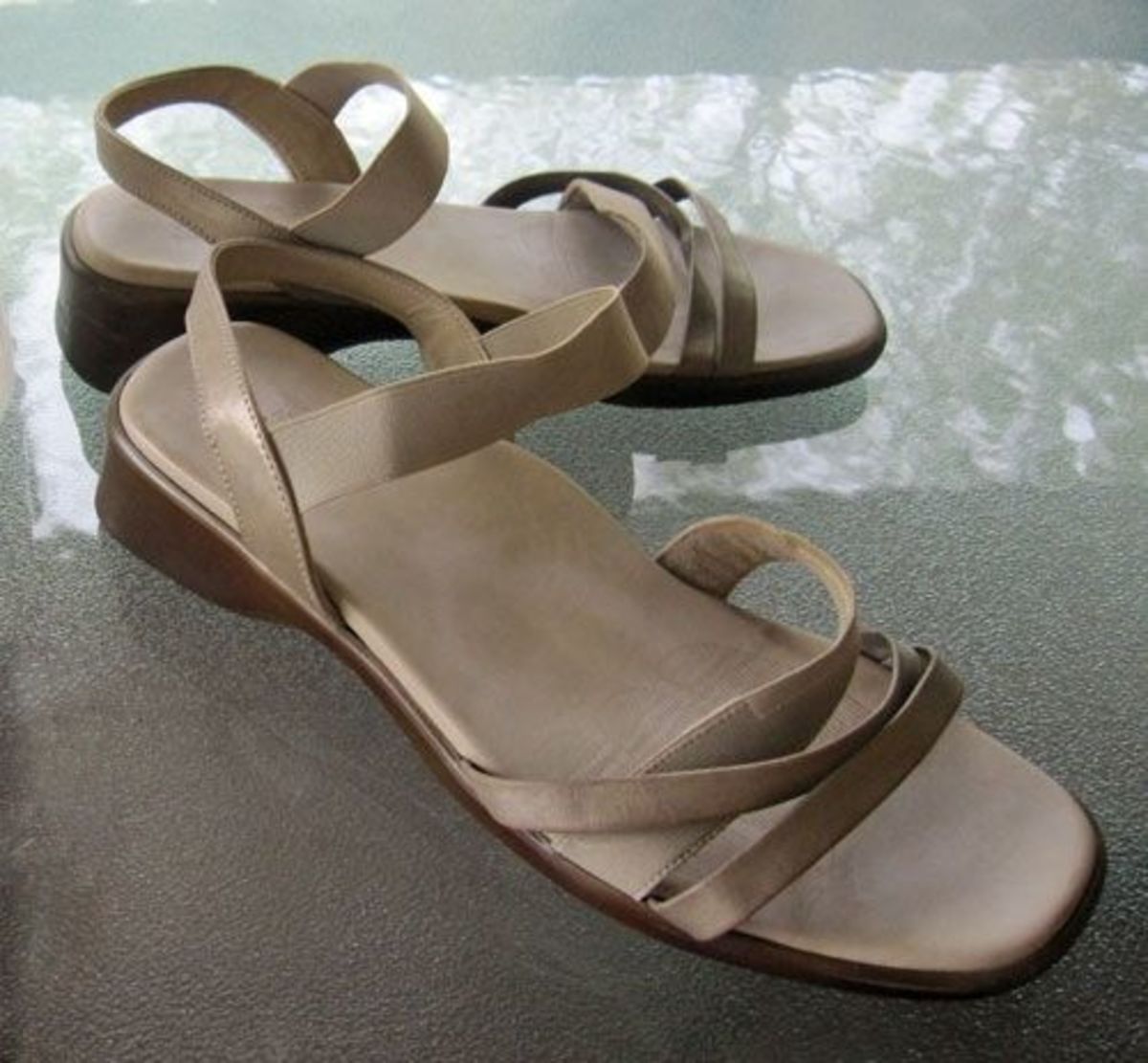 Old beige leather comfort sandals prior to being painted and embellished
