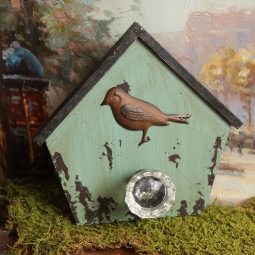 Bird Wall Hook, Birdhouse with Crystal Knob