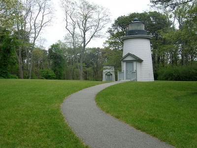 The Three Sisters Lighthouses of Eastham have been relocated to this field west of Nauset Light.
