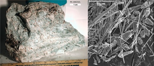 A sample of Asbestos (Left), and the a magnified view of the sample (Right)