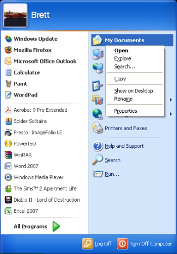 Click on the Start button, and then right click on My Documents