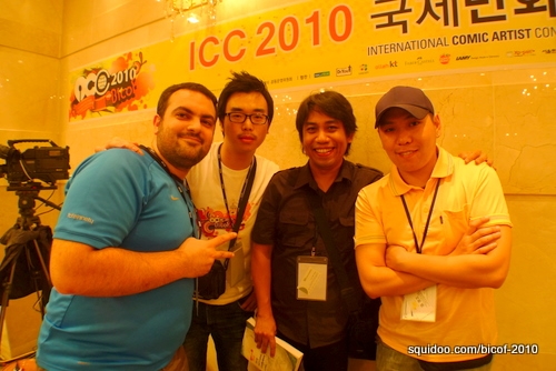 Arnold with comic artists Murat Bingol (Turkey), a student interpreter, and Razielmn Tsoon (Mongolia).