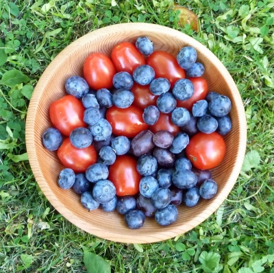 Blueberries Tomatoes in a Wooden Bowl