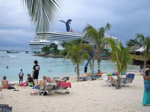The beach with the cruise ship in the background