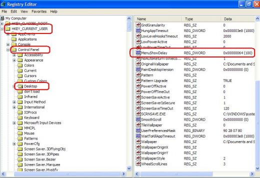 Finding MenuShowDelay form Registry Editor window