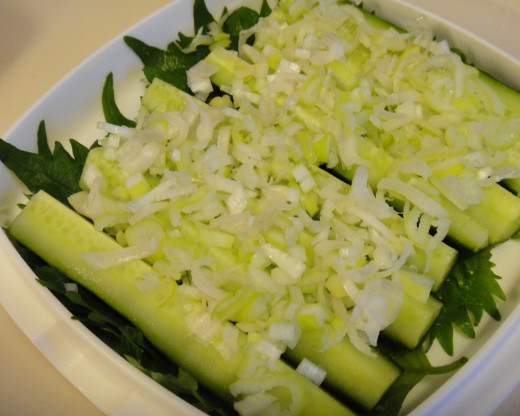 Sprinkle sliced leeks or green onions on the top. Put in the refrigerator for at least 8 hours. Enjoy!