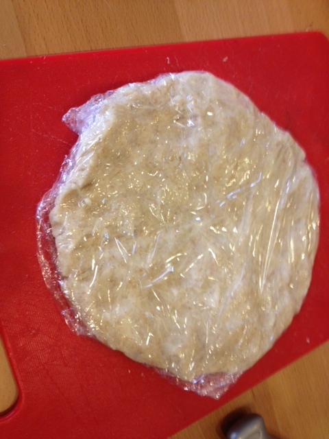 The dough between two plastic wrap.