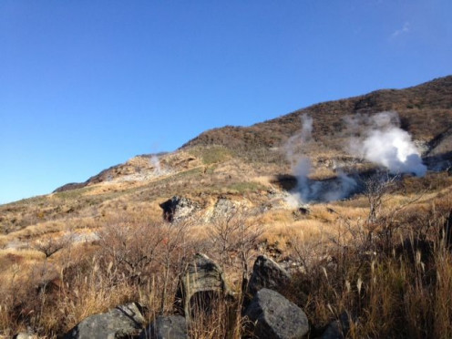 The view of the sulfuric gases coming from the very active Owakudani.