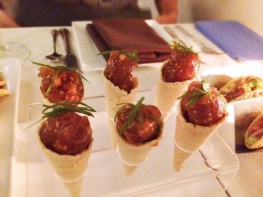 Chai surprised us with complimentary dishes as this one. Cones of waffles filled with raw tuna tartare.