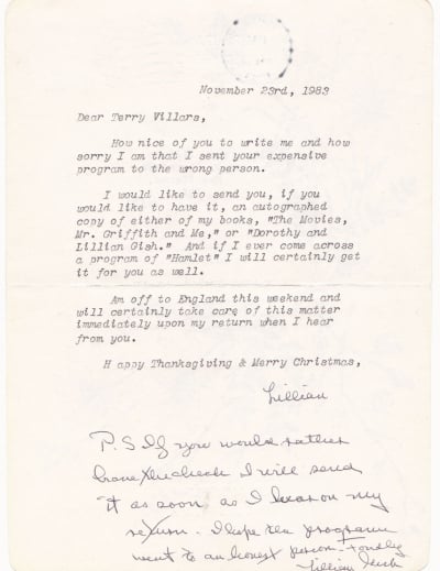 Letter in Which Lillian Gish Offered to Reimburse Me for Her Mistake
