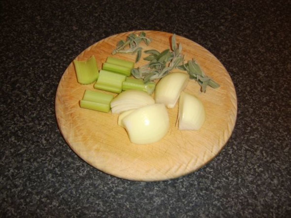 Sage, onion and celery are prepared for stuffing