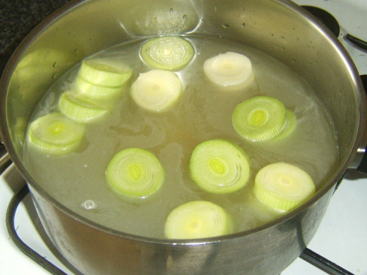 Leek and potato added to soup