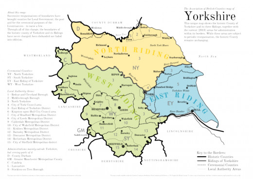 Showing the original Yorkshire Ridings (Thirdings), the area above comes under both North and West Ridings, since 1974 now wholly in North Yorkshire