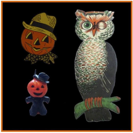 Jack-o-lantern and Owl Halloween decorations with Pumpkin Head Candle