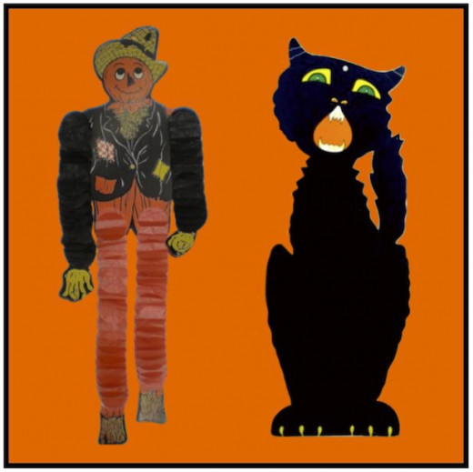 Accordian legged scarecrow and black cat to hang