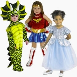 Left to Right: Triceratops, Wonder Woman, and Cinderella Toddlers' Costumes. Details below.