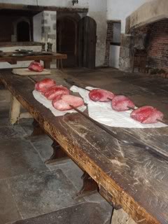 Meat on spits ready for cooking as it was cooked in Tudor times