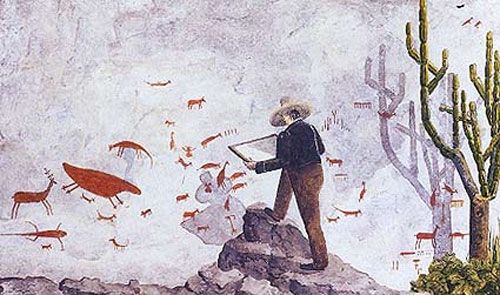 Naturalist's assistant shows him at work copying rock paintings in Brazil in 1840/