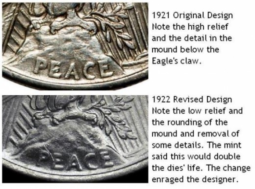Peace Dollar Changes 1921 to 1922. High Relief to Low Relief