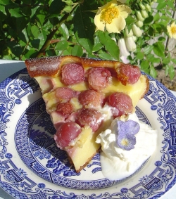 Sugared flowers with cherry clafoutis