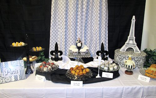 Traditional Dessert Table in Black and White (Paris Theme). All the serving dishes are my mom's Fostoria American pattern glass dishes.