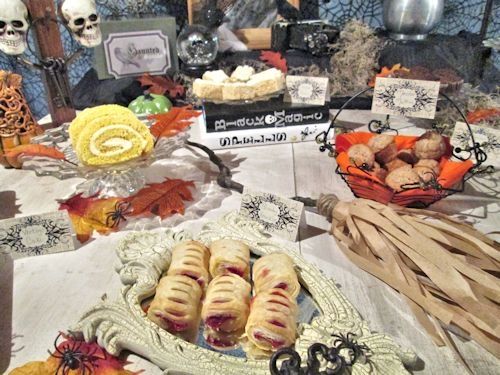 I also used a small vintage mirror as the platter for the cherry pastries. I added some skeleton keys and a spider too!