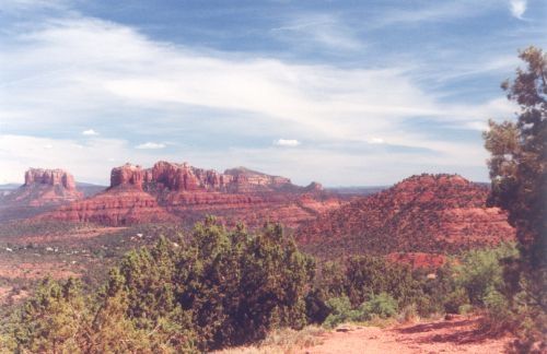 I think I got this photo on Schnebly Hill Road. This road goes from Sedona, climbs in altitude a fair amount, ends up on a plateau where the rocks are NOT red, and meets up with I-17 north of the turnoff at HWY 179.