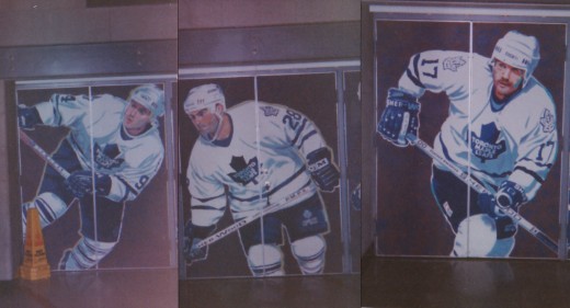 Leafs Mural but I forget where it was On the Maple Leaf Guardens doors, inside or what. Middle is Tie Domi Rt. is Wendle Clark