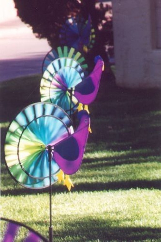 These little colorful plastic whirling chickens caught my eye.