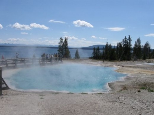 The West Thumb Geyser Basin looking out over Yellowstone Lake.