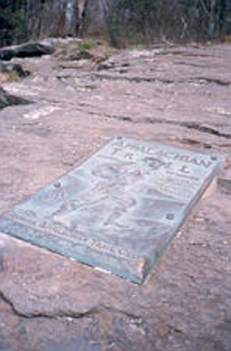 The plaque on Springer Mountain and the first white blaze (upper-left)