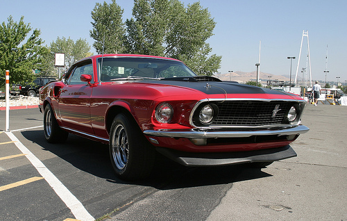 A red hot Mustang parked at Grand Sierra Casino