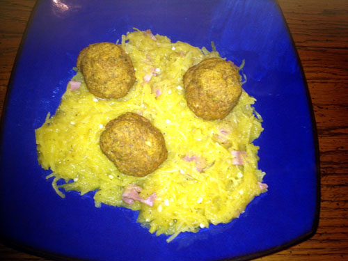 Serve the spaghetti squash on a plate, topped with as many Pumpkin Turkey Meatballs as your heart desires!