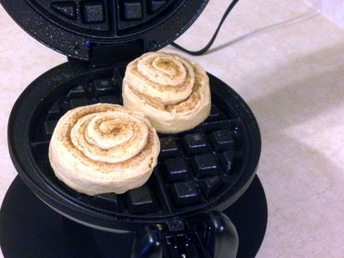 Spray your waffle iron with cooking spray and place two jumbo rolls in the waffle maker and close the lid. Cooking time varies by waffle maker.