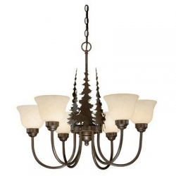 Burnished Bronze Rustic / Country Six Light Chandelier with Pine Trees and Moose