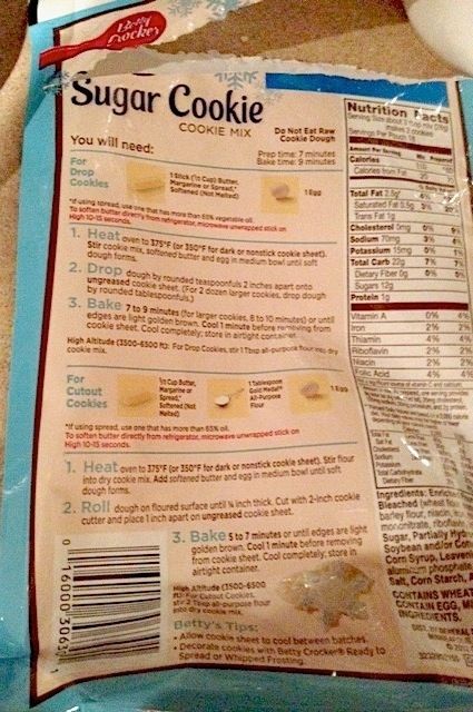 Directions for drop cookies or cutout cookies on bag.