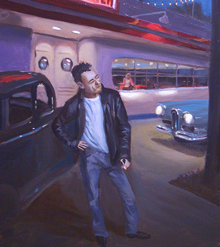 My oil painting of a Fonzie type character in front of a 50s diner.