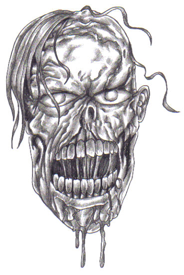 Zombie head sketch drawing, drawn to look scary and rotten.