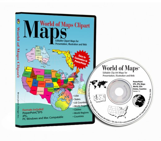 World of Maps CD collection of PowerPoint, Adobe Illustrator and JPG Maps. Over 2000, World, USA, States, Countries, Counties, World Regions, Globes and more.