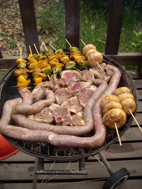 Boerewors and sosaties (curried kebabs) on a barbecue, also all home-made here in China