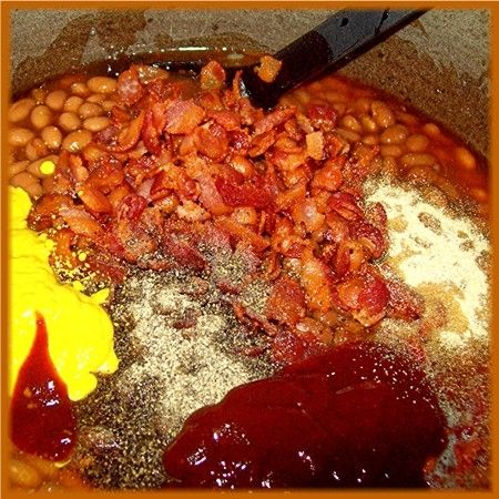 Add bacon, mustard, BBQ sauce and spices, then bring to a low boil.