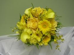 This yellow, monochromatic (all one color) bouquet features Gerbera daisies, roses, calla lilies and Oncidium orchids.