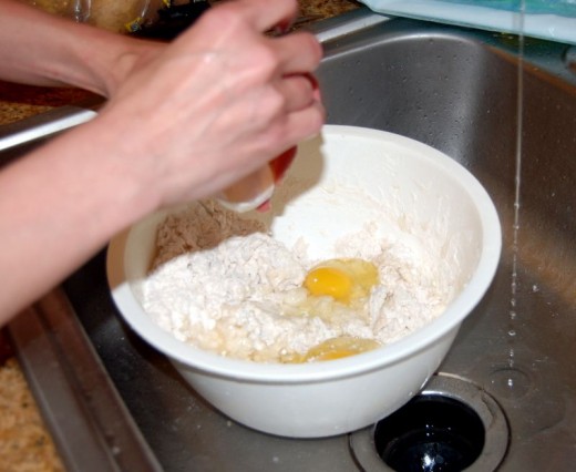 Making Pierogi Dough: Flous, eggs, salt and water