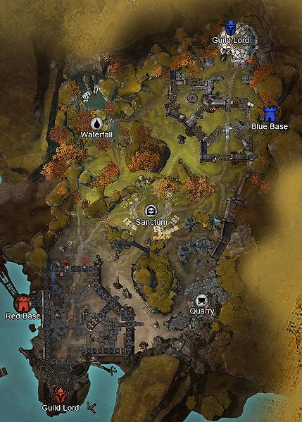 Legacy of the Foefire. There's 3 Control points on this map. Both teams have a base, in each base you got a mini Boss (a Guild Lord) if you kill the enemies Guild Lord your team gets 150 points, the Lord is protected by a hand full of NPC guards. Be 