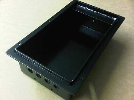 Sheet metal fabricated box manufactured in aluminium with Tig welded seams.  The box has been powder coated black.