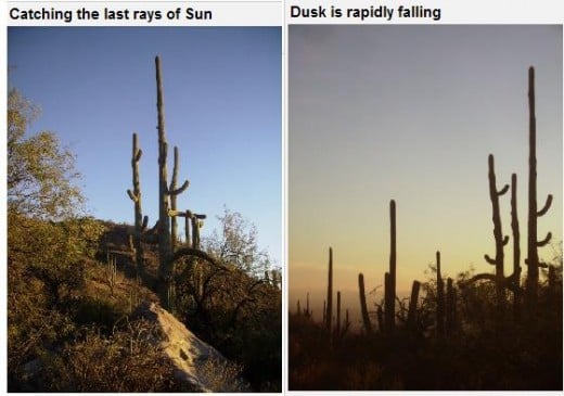 Side by Side photos show rapidly declining winter daylight as we approach end of Finger Rock Trail hike.