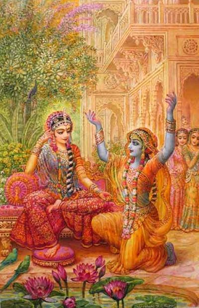 "A Moonbeam of Astonishment"In order to visit his angry beloved, Krishna takes on a disguise as a woman and sings to her. He asks her to describe her love for him.