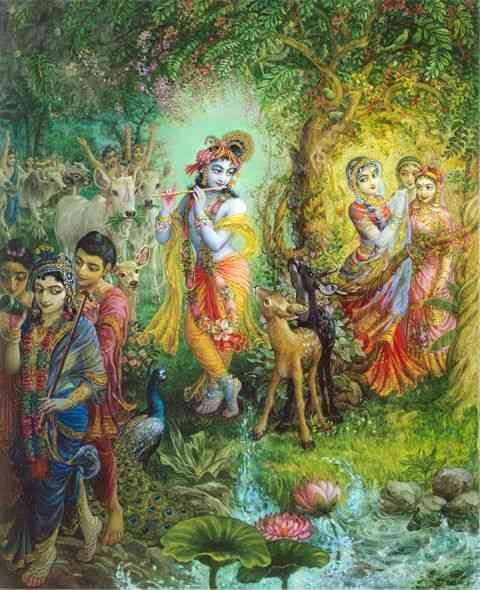 "Venu Gita"Sweet Krishna charms everyone with his flute-playing. Radhika watches him secretly from a grove, while his friends dance behind him with the cows, and his brother leaves the scene off to the left.