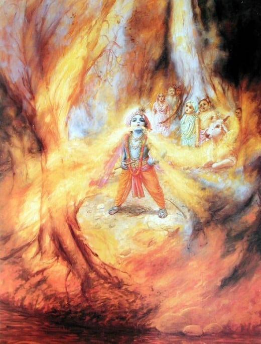 "Krishna swallows the forest fire"Krishna, master of mystics, swallows a forest fire that threatens his friends