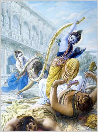 Krishna and his brother Balarama fight their enemies